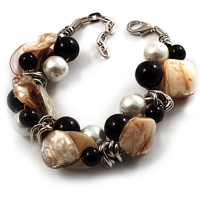 Faux Pearl & Shell - Composite Silver Tone Link Bracelet ( Antique White & Black) - 17cm Long/ 4cm Ext