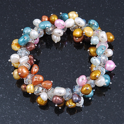 7mm Multicoloured Freshwater Pearl and Transparent Glass Bead Stretch Bracelet - 18cm L