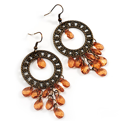 Bronze Filigree Citrine Bead Chandelier Hoop Earrings - 7.5cm Drop