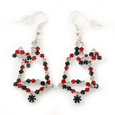 Green/Red/White Christmas Crystal Jingle Bell Drop Earrings In Silver Plating - 5.5cm Length