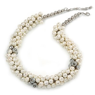 White/ Hematite Glass Pearl Bead Cluster Necklace In Silver Tone - 53cm L/ 7cm Ext
