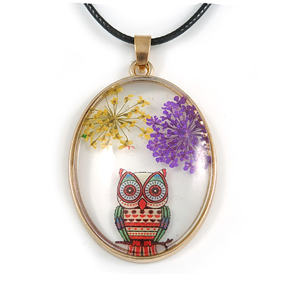 Oval Multi Owl Glass Pendant with Black Cord - 42cm L/ 5cm Ext (Each piece is handmade individually thus comes with a different owl design)