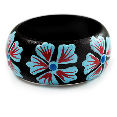 Black Wood Light Blue Floral Band Ring