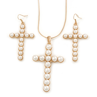 Large Faux Pearl Cross Pendant With 74cm L/ 6cm Ext Gold Tone Chain & Drop Earrings -