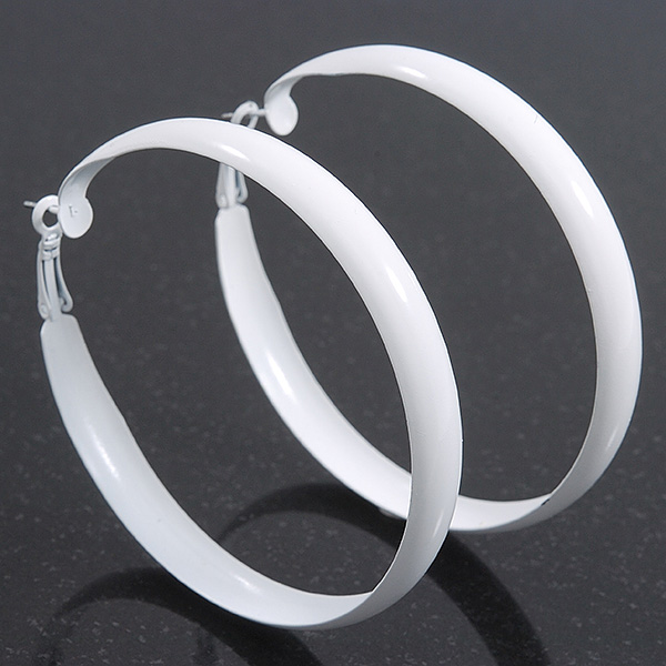Large White Enamel Hoop Earrings - 50mm Diameter