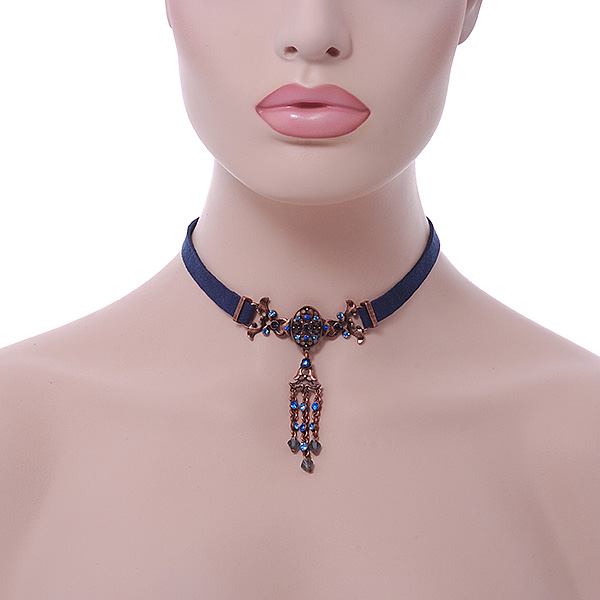 Victorian Dark Blue Suede Style Diamante Choker Necklace In Bronze Tone Metal - - Picture 4 of 4
