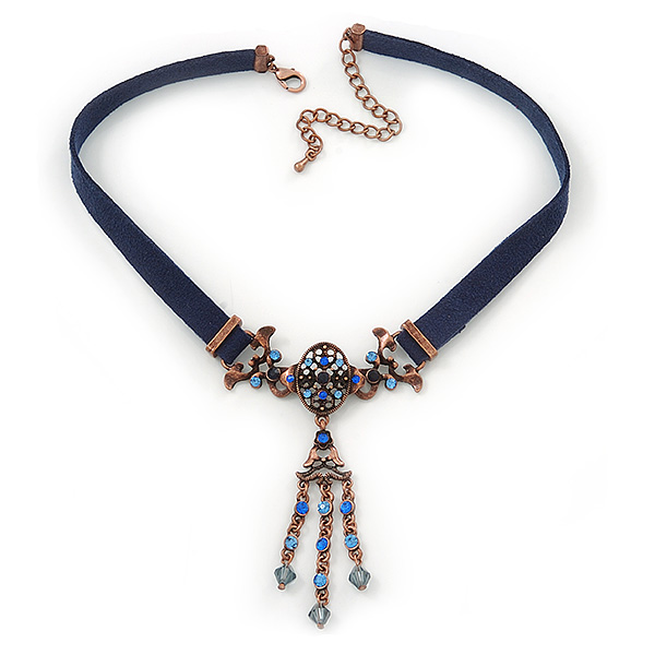 Victorian Dark Blue Suede Style Diamante Choker Necklace In Bronze Tone Metal - - Picture 1 of 4