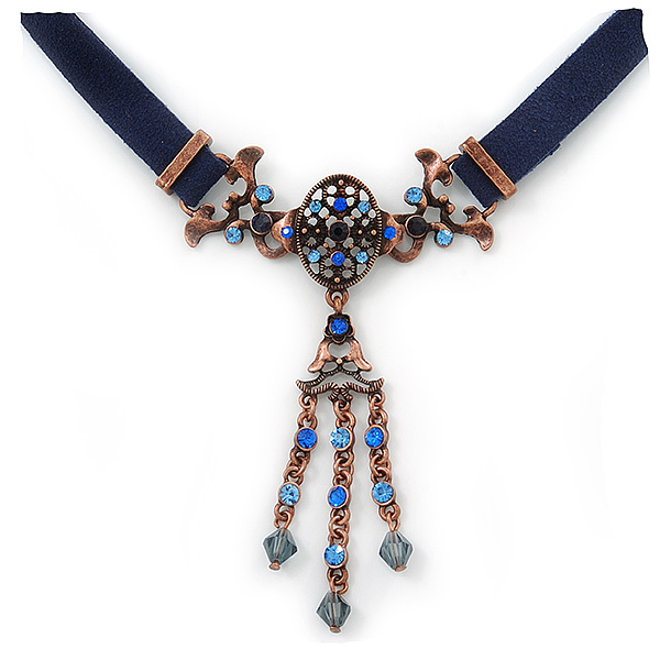 Victorian Dark Blue Suede Style Diamante Choker Necklace In Bronze Tone Metal - - Picture 2 of 4